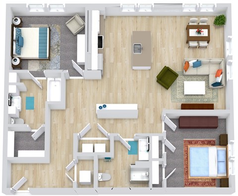 A top-down view of a house interior with a kitchen, living room, and bedrooms.